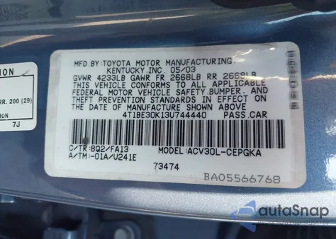 2003 Toyota Camry Xle from USA, damaged, VIN 4T1BE30K13U744440